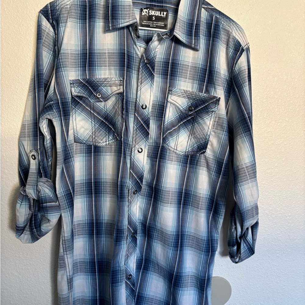 Skully Navy Plaid Casual Men's Shirt, country, cowboy, farm P0077